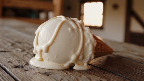 melting ice cream cone on a wooden table