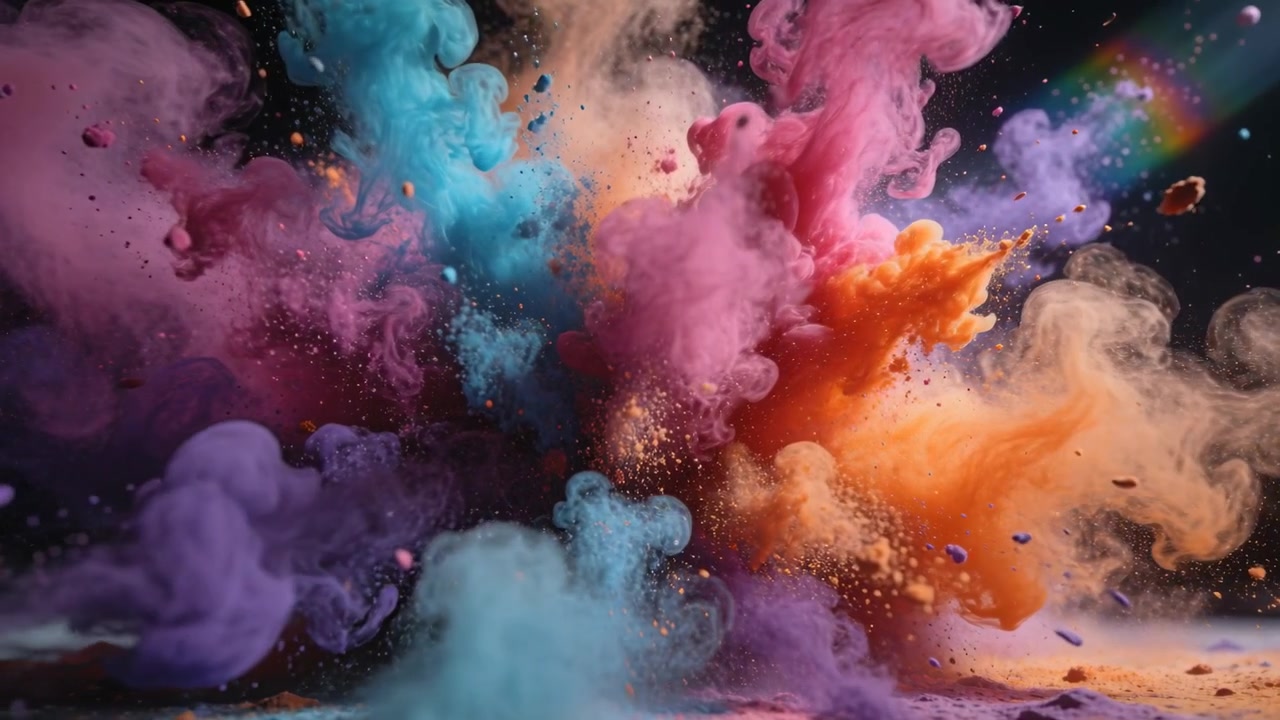 Esplosione di pigmento messa in scena che si espande in uno studio buio, rilasciando polvere ciano, rosa, arancione e viola.