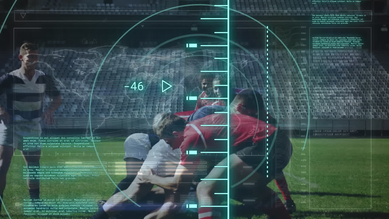 다양한 남성 럭비 선수에 대한 데이터 처리 및 범위 스캔의 애니메이션