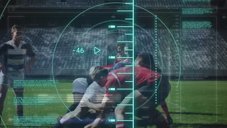 animación del procesamiento de datos y escaneo de alcance sobre diversos jugadores de rugby masculinos.