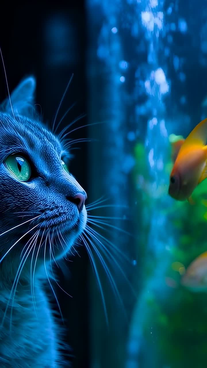 Video verticale: gatto grigio che segue un pesce arancione che si muove accanto a un acquario in casa, spazio libero