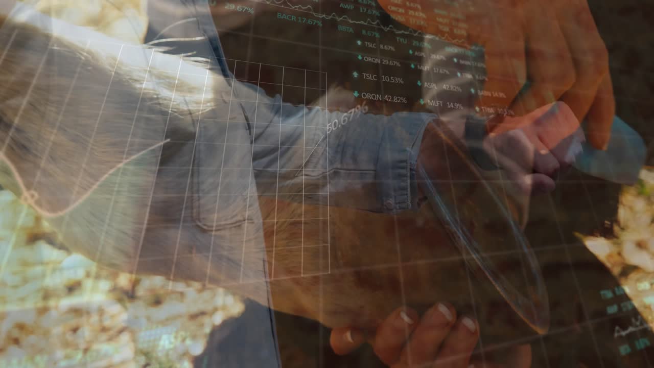 Tech team handing cutters, snipping cable and attaching sensor to monitor data with animated graphs