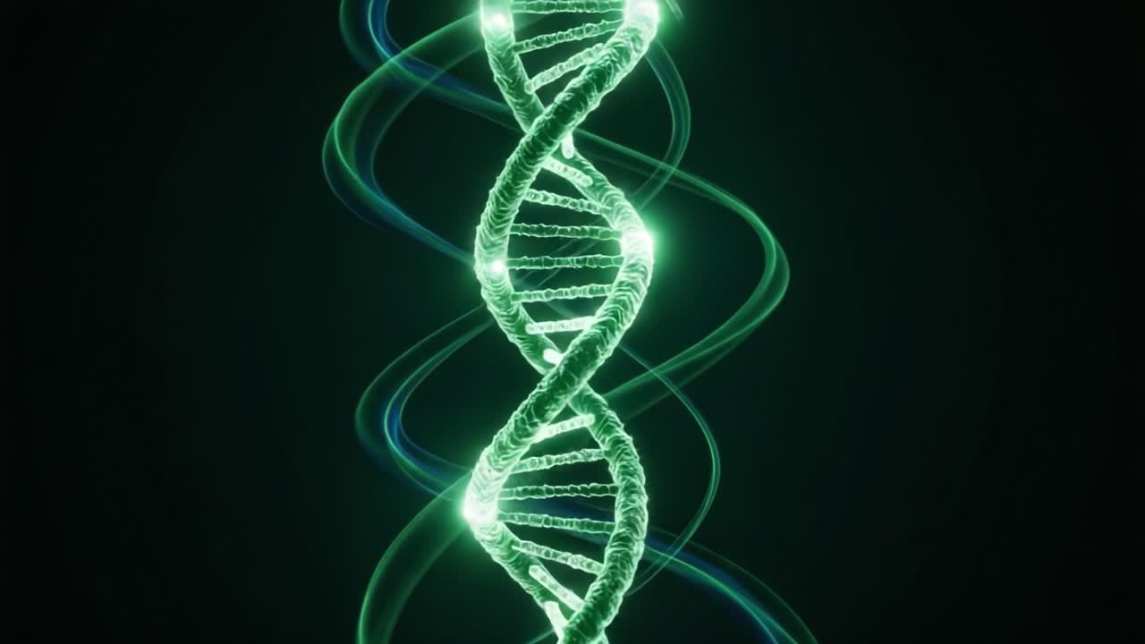A Captivating Visualization of a Green DNA Double Helix Model Radiating Energy, Showcasing Cellular Structure and Genetic Representation in the Digital Realm