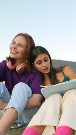 two girls studying outdoors