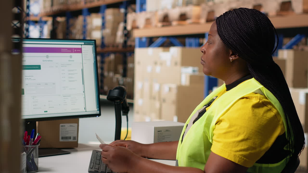 Vertical Video African american female worker typing awb shipment details on computer