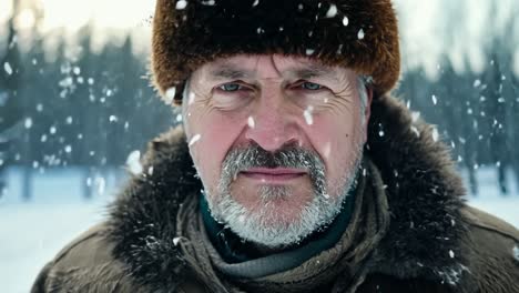 portrait of an elderly man in a fur hat standing in a snowy forest