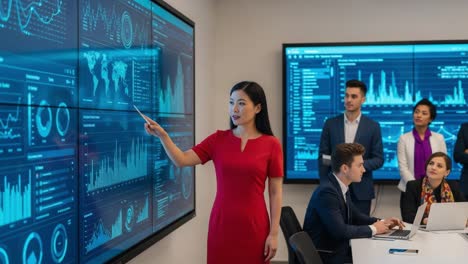dynamic presentation of data analytics: engaging team meeting with visual insights and strategic analysis in a modern tech conference room
