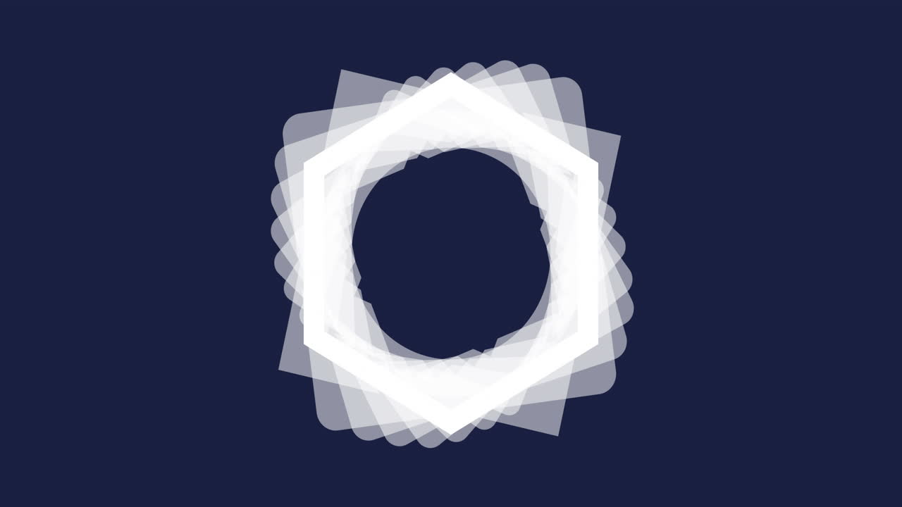 Animation of geometric shapes rotating over dark blue background in abstract pattern