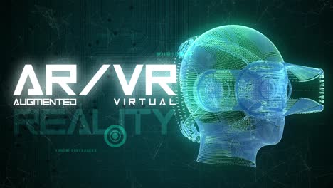 high quality vfx graphics animation depicting emerging technology in the virtual reality augumented reality space, with spinning head with vr goggles, abstract plexus design, in teal color scheme