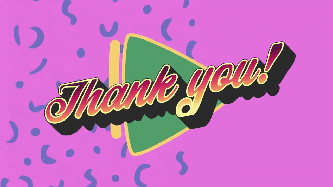 분홍색 배경에 추상적인 파란색 모양 위에 녹색 배너에 감사 텍스트의 디지털 애니메이션