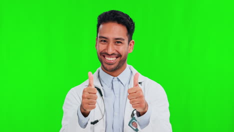 Thumbs-up,-green-screen-and-man-doctor-with-thank