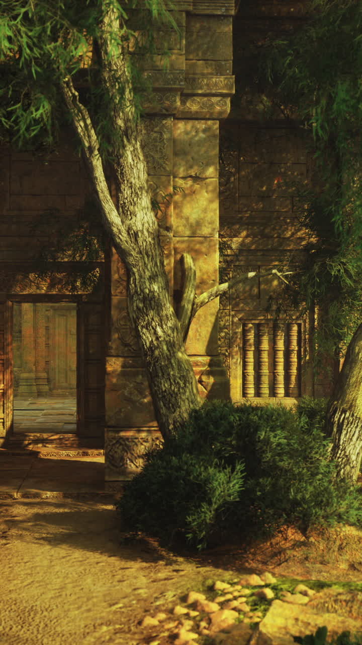 Ancient ruins nestled in lush greenery create a serene atmosphere