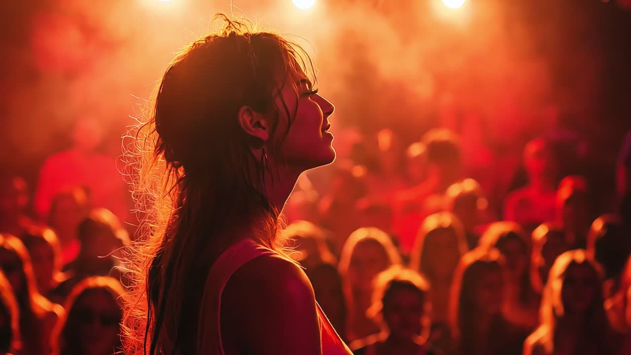 Esibizione di musica dal vivo con un cantante sul palco e una folla di persone