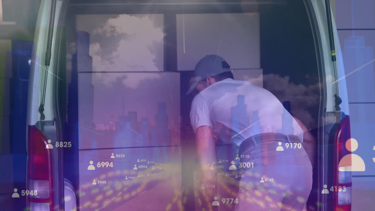 상자에 있는 백인 남성 배달자에 대한 데이터 처리의 애니메이션