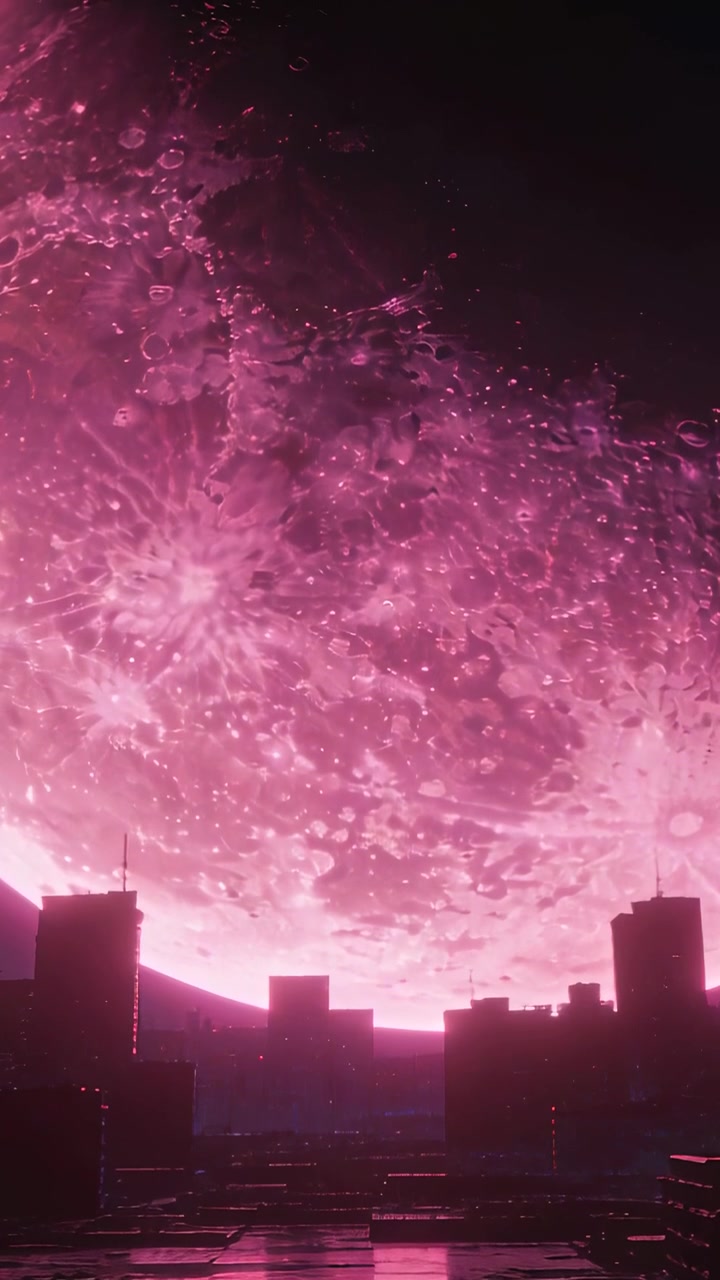 Vídeo vertical: Lua rosa brilhante pulsando sobre um telhado urbano, refletindo em uma praça molhada, horizonte da cidade.