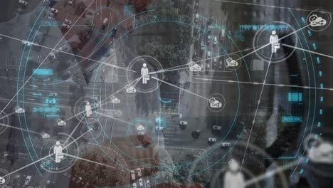 Animation of network of connections over caucasian fabric worker
