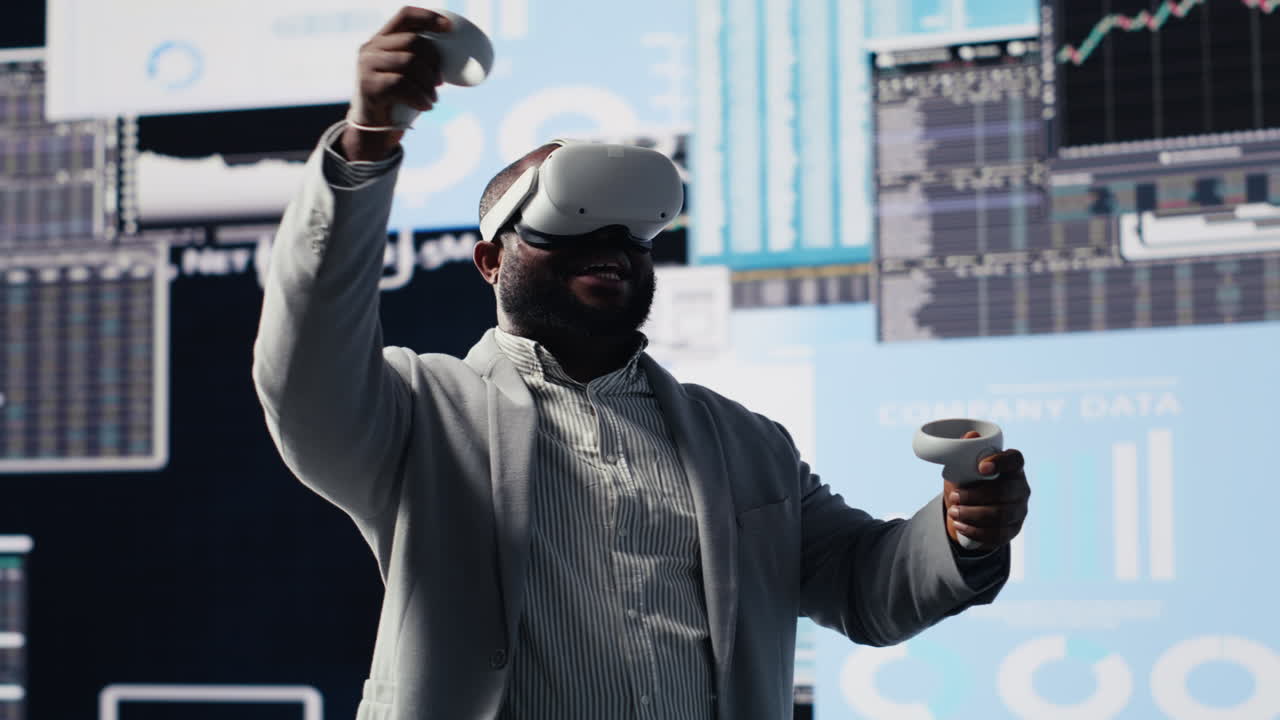 High tech startup entrepreneur use virtual reality glasses to examine KPI models