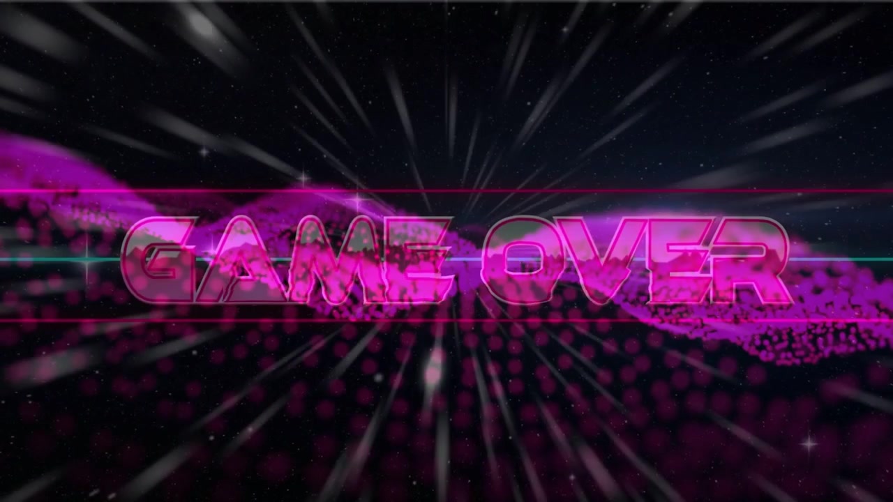 Forma d'onda magenta che appare, titolo neon GAME OVER che si riempie e si illumina mentre una scanline attraversa annunciando la fine.
