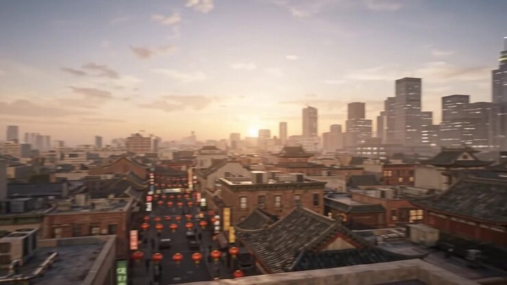 Veduta aerea del quartiere di Chinatown al tramonto con lo skyline della città