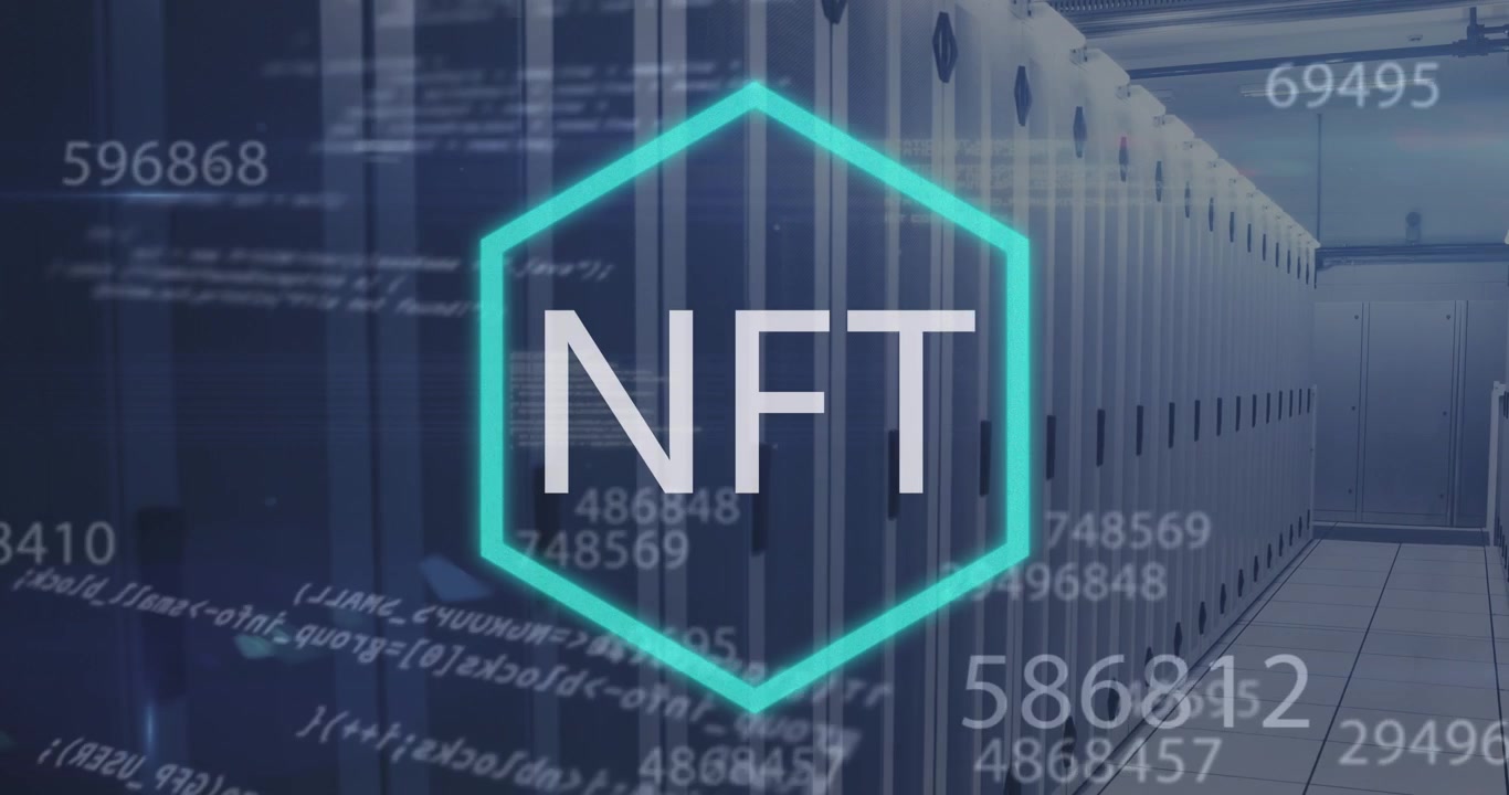 Digital NFT Concept with Data Center Server Background