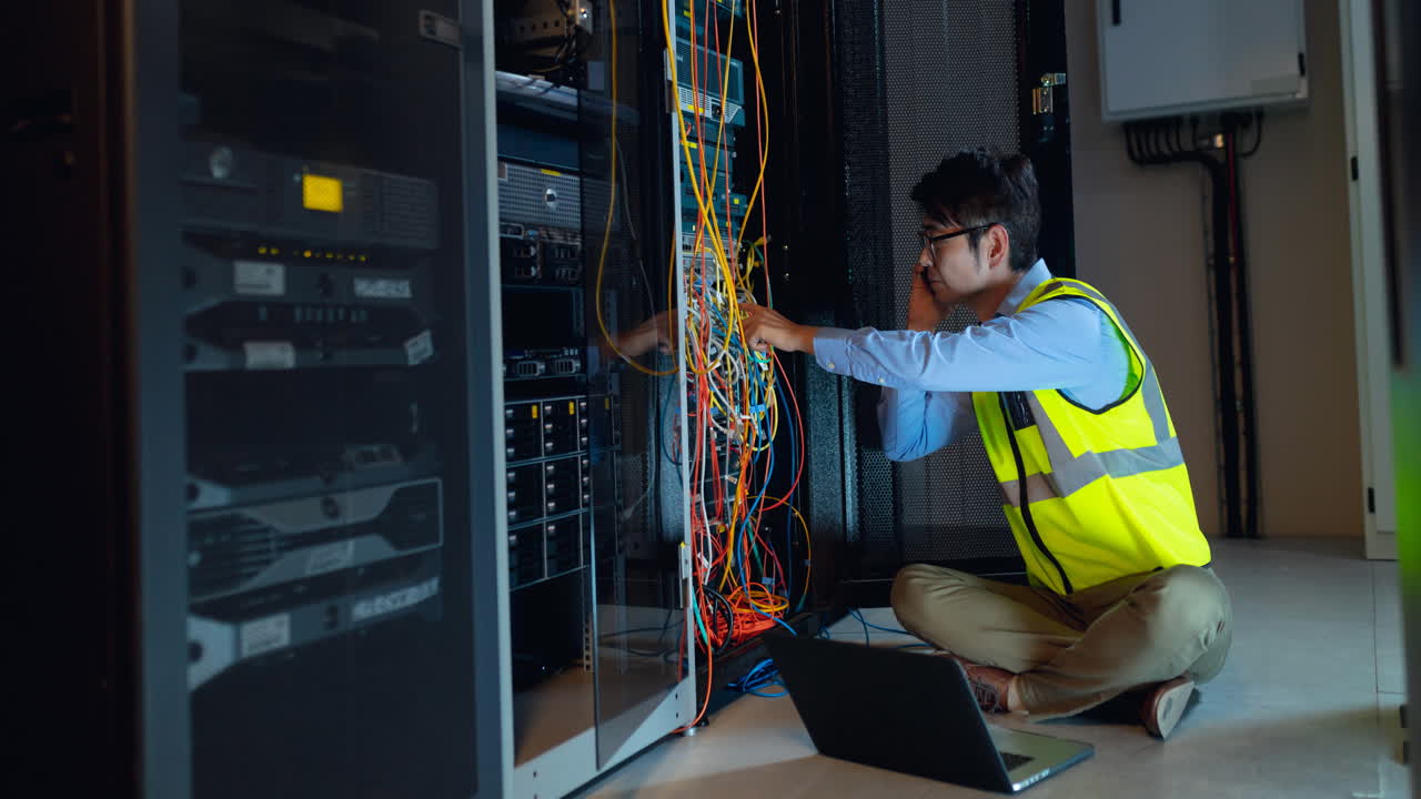 Video of asian it engineer using smartphone and laptop checking computer server