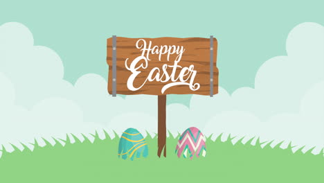 happy easter animated card with eggs painted in the field