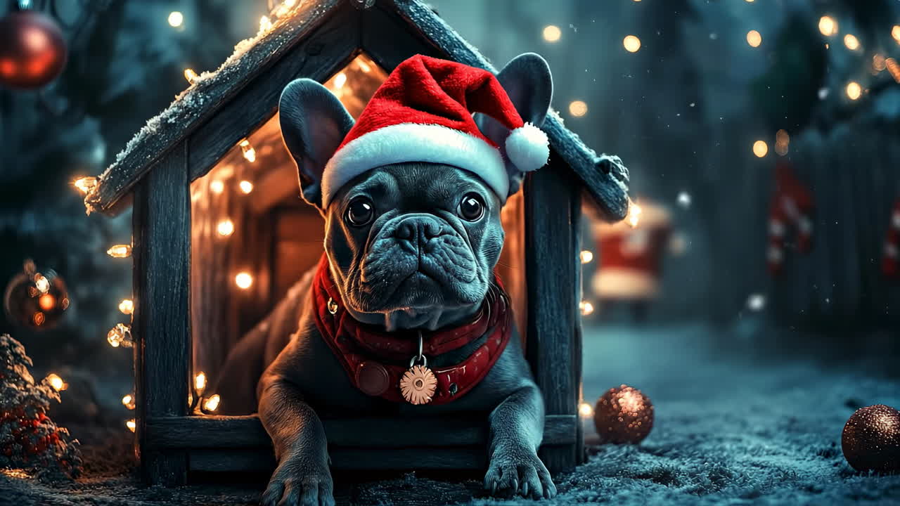 French Bulldog in Santa hat at Christmas doghouse. A French Bulldog wearing a Santa hat sits in a decorated doghouse with Christmas lights. The festive atmosphere highlights holiday cheer and warmth