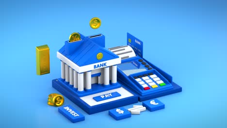 complete banking system animation with credit card, payment terminal machine, gold coins and bar. 3d animation looped. global capital, investments, business, finance, economy and money concept