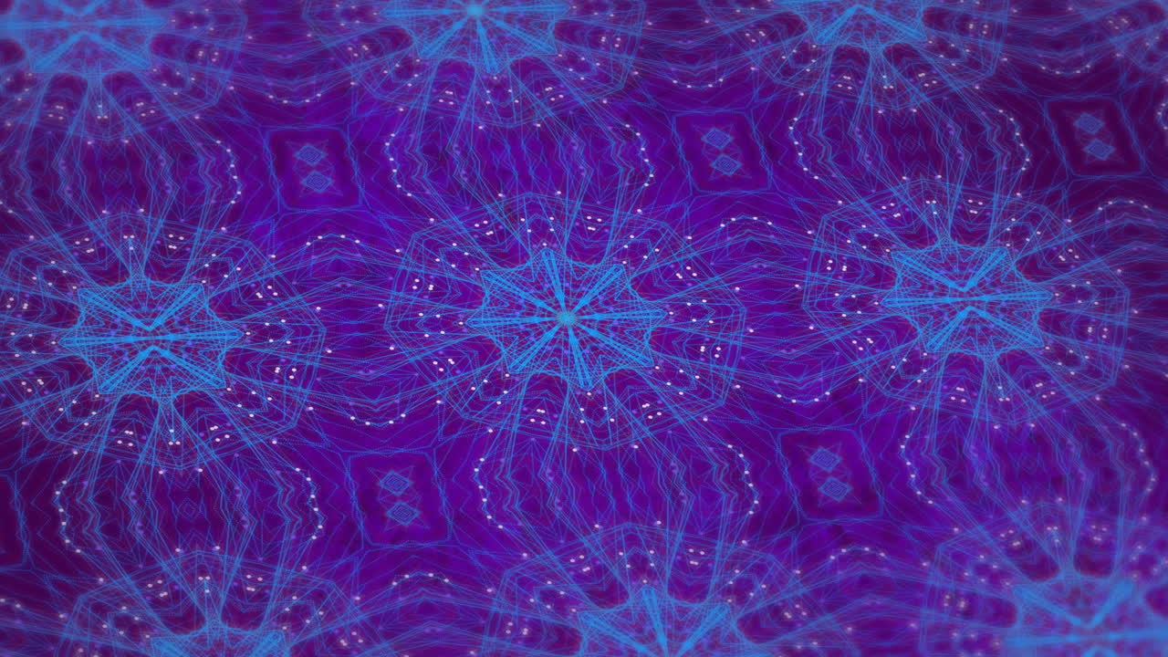 Animazione digitale di forme caleidoscopiche blu che si muovono in movimento ipnotico su sfondo viola.