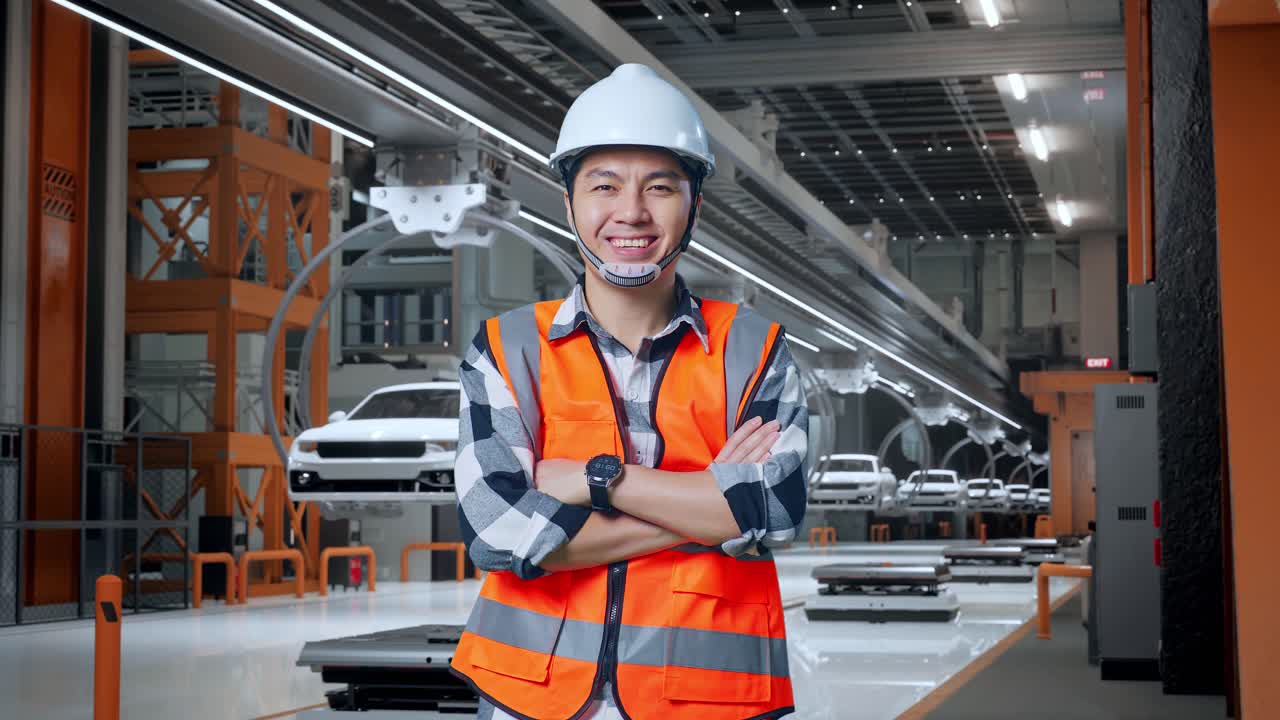 Smiling Factory Worker in Modern Automotive Production Facility ...