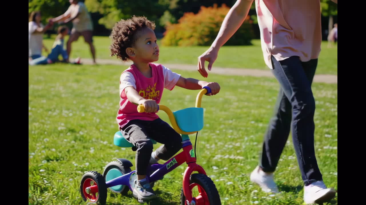 Child learning to ride a tricycle in a park