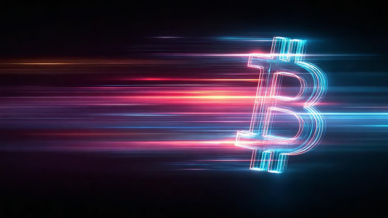 Dynamic Visualization of Cryptocurrency Progression Represented by the Distinctive Bitcoin Symbol in a High-Tech, Colorful Environment