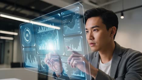 a focused professional analyzing data through interactive digital interfaces, showcasing advanced analytics and real-time insights for enhanced decision-making.