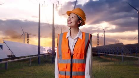 Asian Female Engineer With Safety Helmet Looking Around With Solar Panel and Wind Turbines