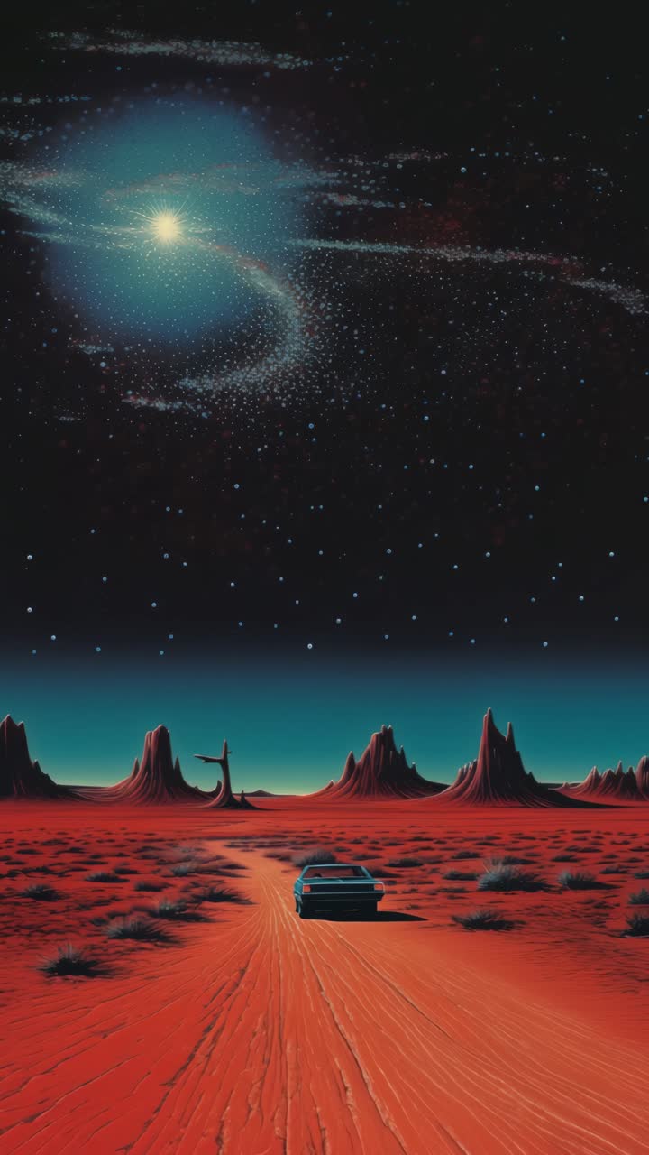 A retro-futuristic video concept featuring a car on a desert road under a starry sky