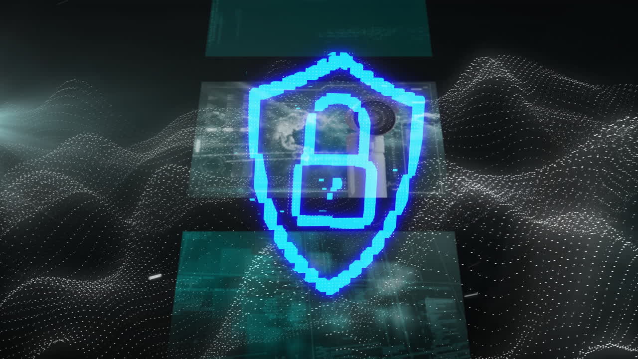 Animation of glowing blue lock icon over digital network and data visualization