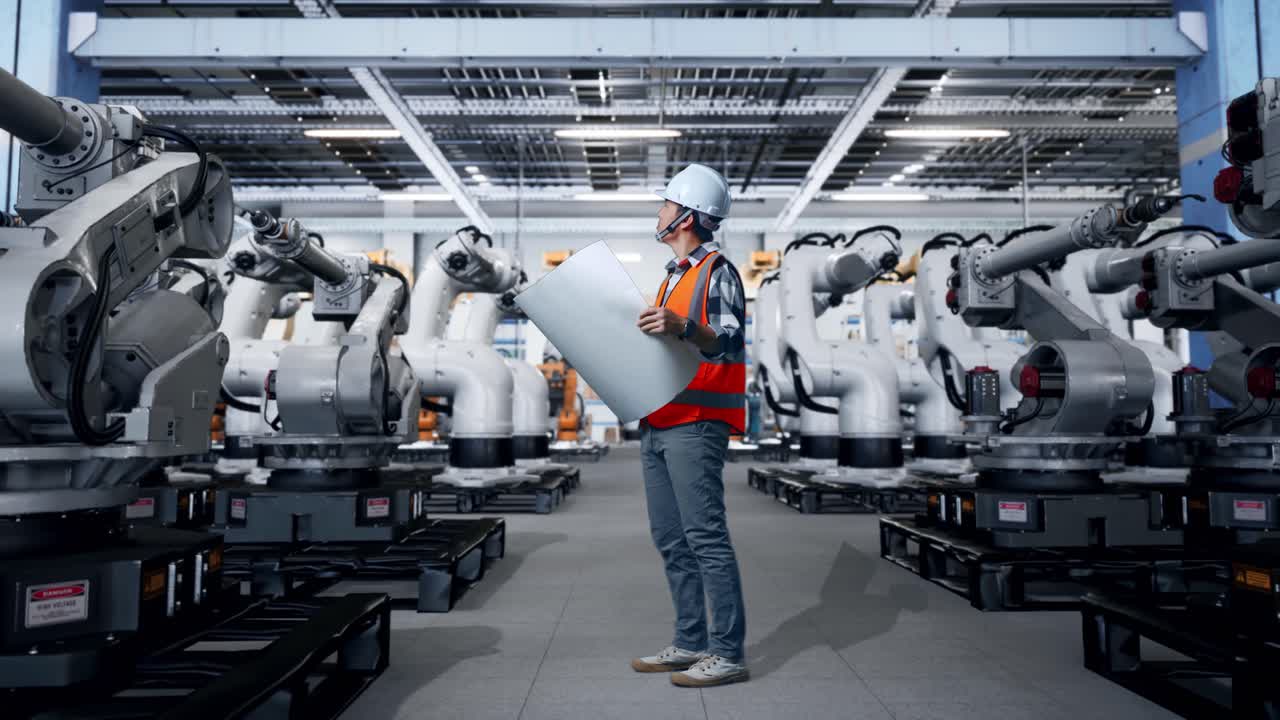 Engineer Reviewing Plans in a Robotics Manufacturing Facility