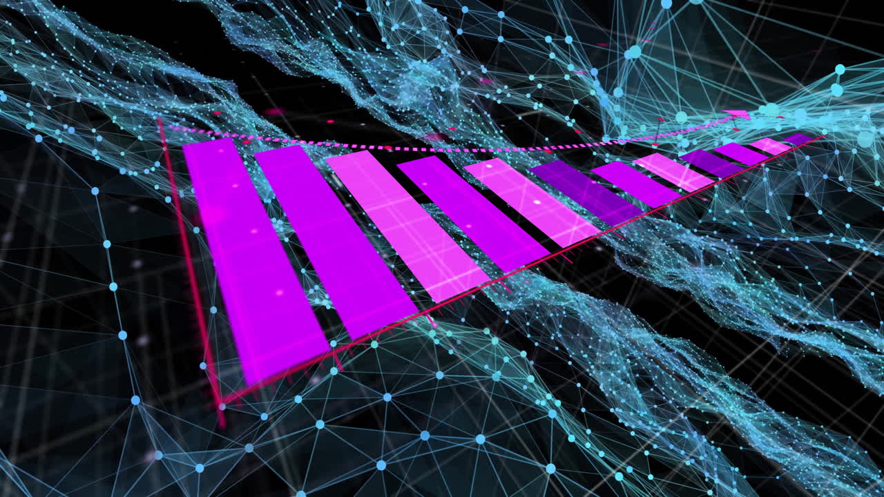 Animation of pink geometric shapes connecting over blue digital network lines