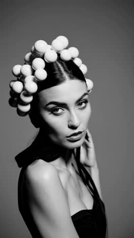 striking black and white portrait of a woman with an avant-garde spherical headpiece