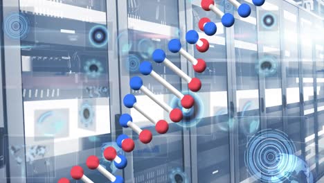 Animation-Des-DNA-Strangs-Und-Der-Datenverarbeitung-über-Dem-Serverraum