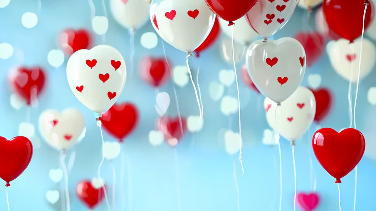 Un montón de globos rojos y blancos con corazones flotando en el aire