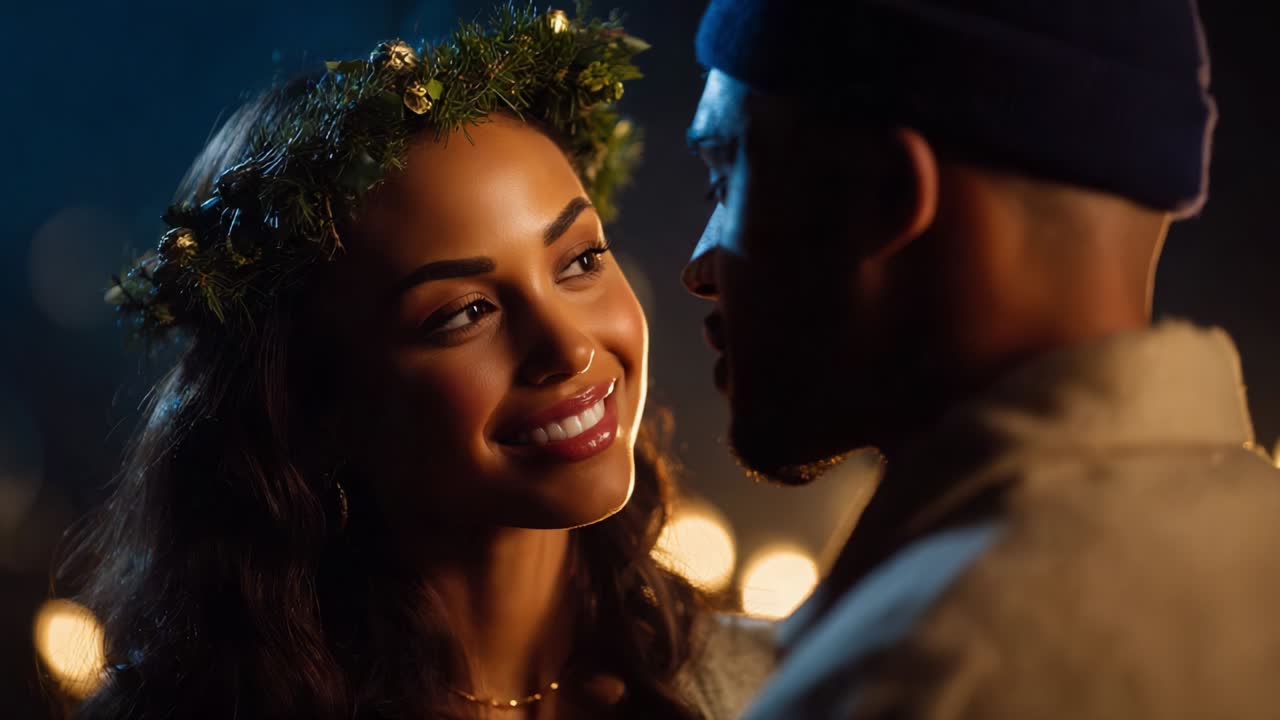 A Heartwarming Moment of Connection and Joy Between Two Romantic Souls During a Festive Celebration, Embodying Love, Warmth, and Enchantment in a Cozy Atmosphere Filled with Magical Lights