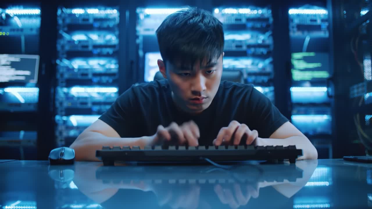 Focused Cybersecurity Expert Analyzing Data in a High-Tech Server Room, Surrounded by Network Equipment and Illuminated Displays for Enhanced Visualization
