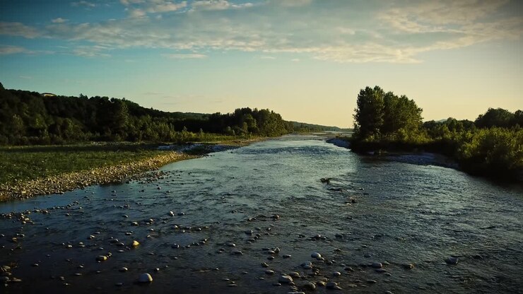Aerial drone view by the river Piave in Italy, quiet peace of mind