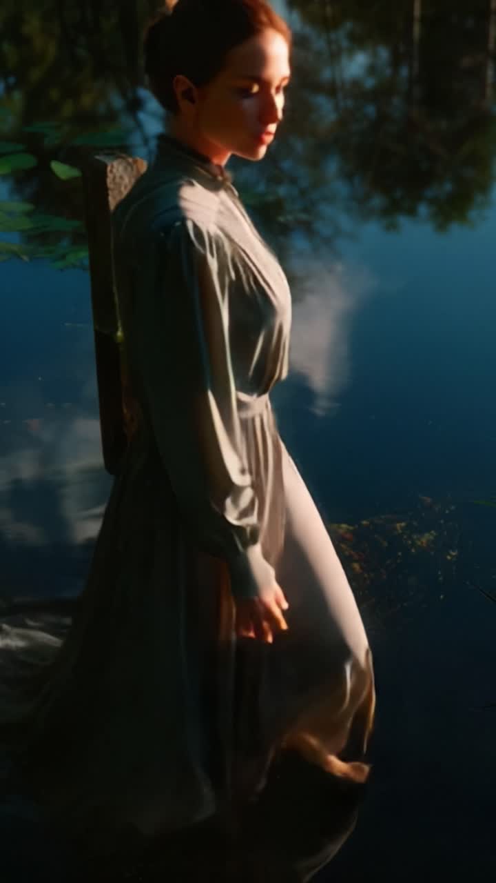 Una donna in un abito grigio svolazzante si erge accanto a un lago sereno, incantando con la sua eleganza mentre la luce soffusa del sole danza sulla superficie dell'acqua accanto a una lussureggiante vegetazione verde.