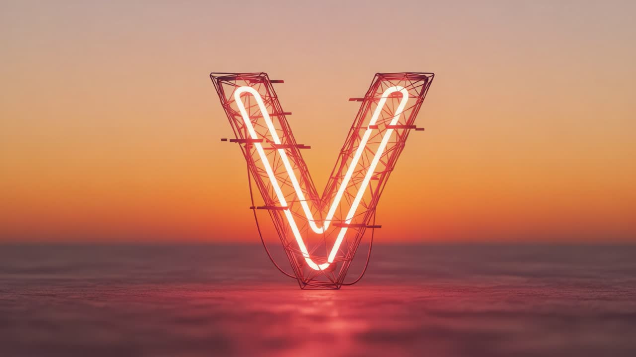 Illuminated Neon Letter V Against a Stunning Sunset Background, Showcasing the Blending of Typography and Natural Beauty in a Captivating Visual Experience