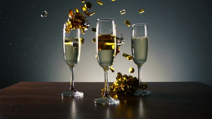 Una cascata di coriandoli dorati che colpisce tre flute di champagne su un tavolo di legno scuro, creando delle onde