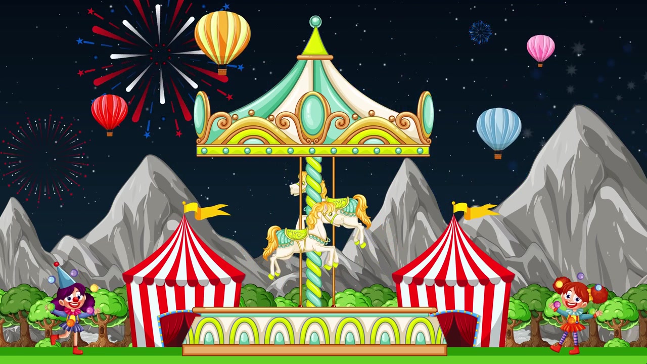 Cartoon amusement park at night with spinning carousel, fireworks, tents, and hot air balloons