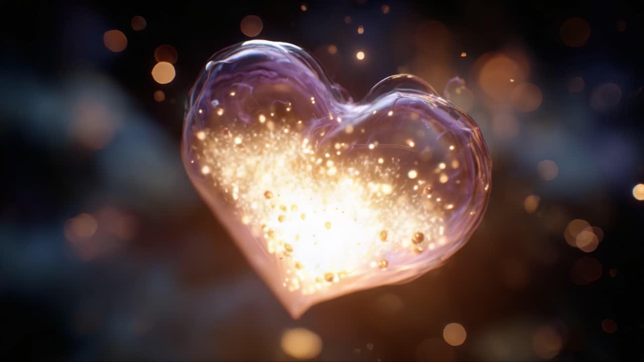 A mesmerizing heart-shaped bubble filled with glimmering lights, symbolizing love and enchantment, floating gracefully in an ethereal backdrop of shimmering particles