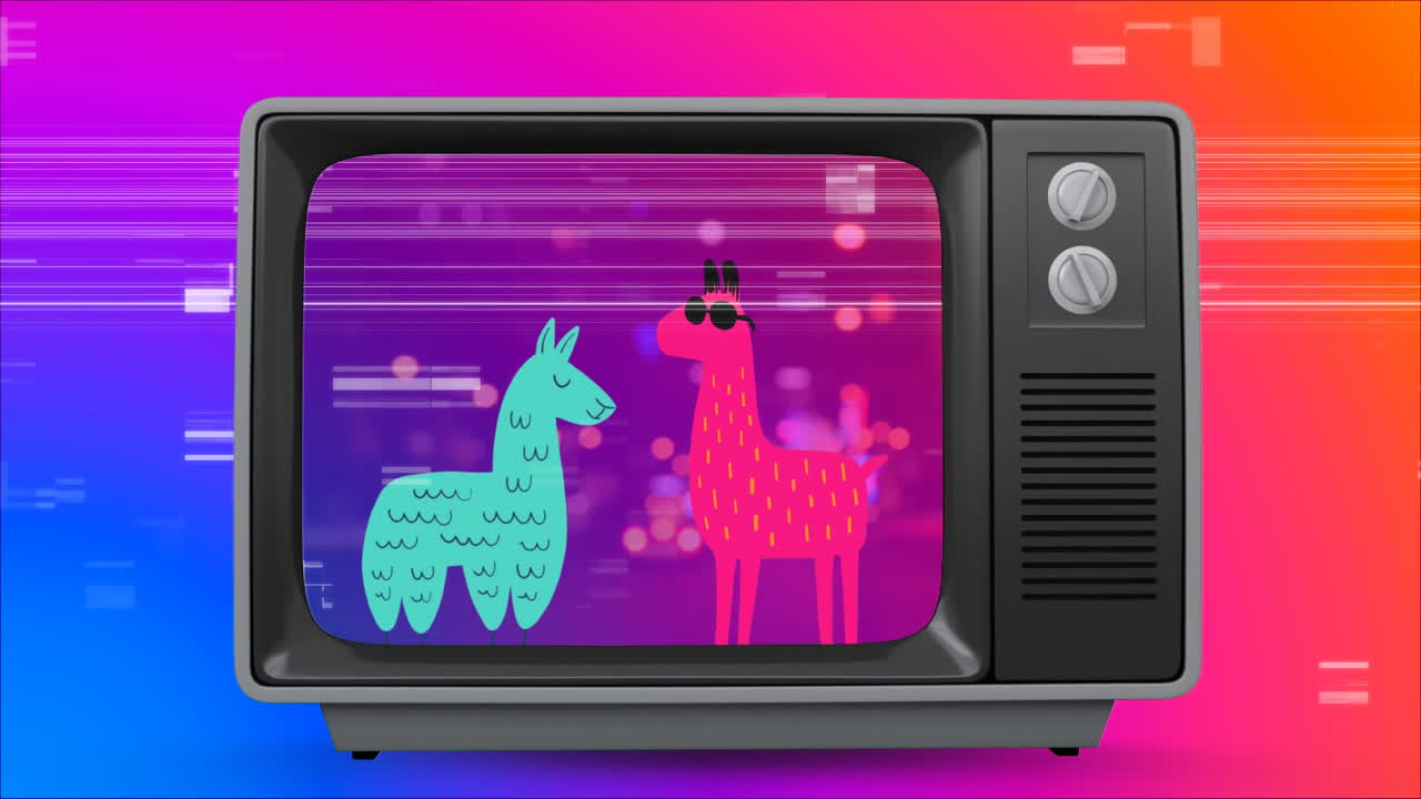 Old TV with llamas on the screen against colorful scrambled effect